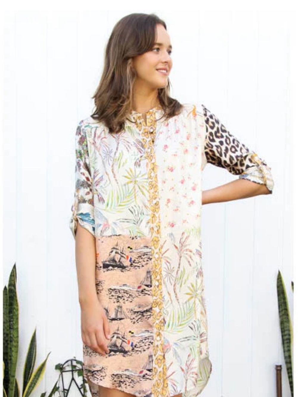 Mixed Print Patchwork Tunic Dress in Cream and Tan